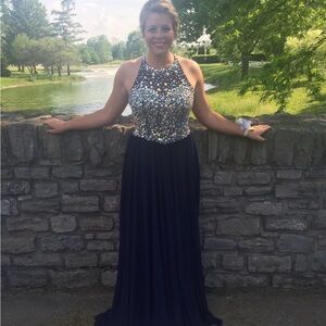Prom dress - Navy- worn once- fully beaded bodice- chiffon skirt